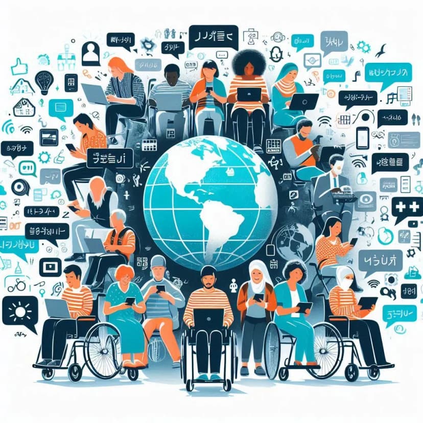 illustration de plusieurs individus porteurs de handicap ou non, de toutes origines, âges et genres, utilisant des technologies d'assistance pour naviguer sur internet