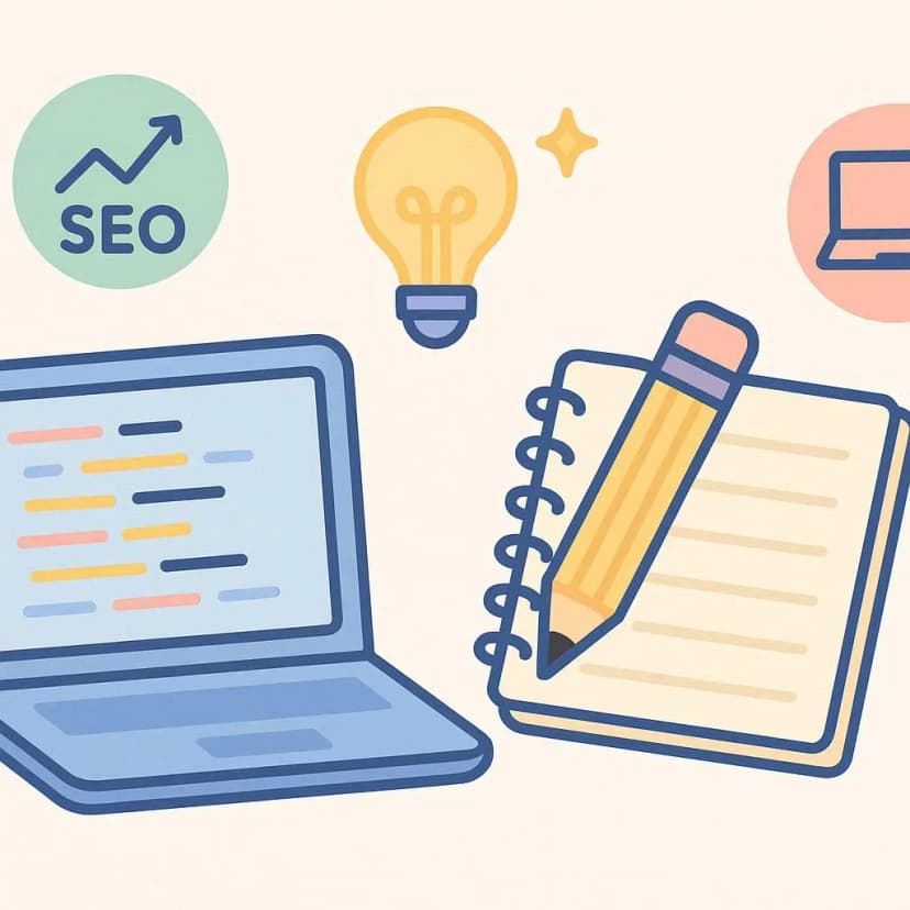illustration d'un ordinateur portable, un bloc note et un crayon représentant le développement web et le SEO